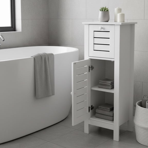 Evideco Santorin Collection Freestanding Bathroom Storage Cabinet with Drawer and Vented Door, White