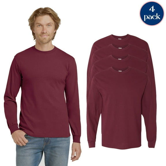 Gildan Men's Heavy Cotton Long Sleeve T-Shirt, 4-Pack Everyday Wear Tee, Adult Maroon T-Shirts, S