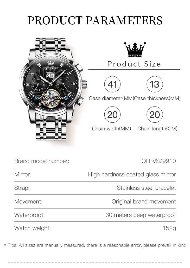 OLEVS Watch for Men Automatic Skeleton Tourbillon Mechanical Self Winding Business Luxury Dual Calendar Stainless Steel Luminous Waterproof Man Wrist Watches Black Dial