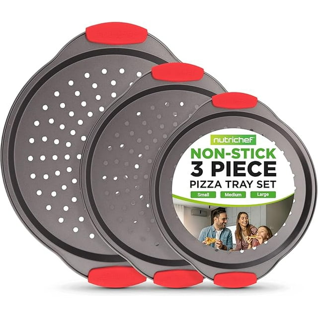 NutriChef 3-Piece Pizza Tray Set with Silicone Handles - Round Nonstick Pizza Pan with Perforated Holes, Durable Carbon Steel, Small, Medium, Large Sizes - Ideal for Crispy, Evenly Baked Pizzas (Gray)
