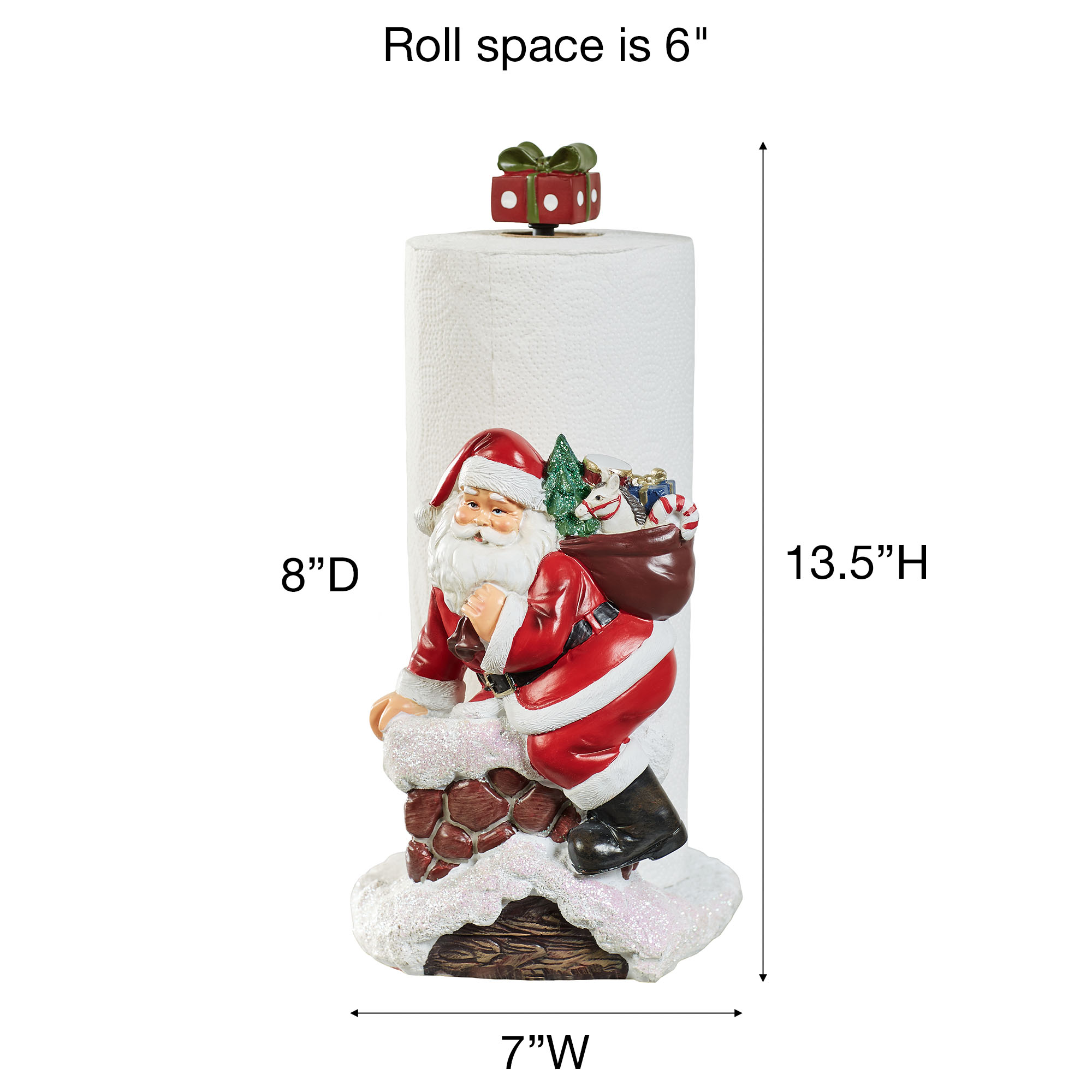 Santa Claus Down the Chimney Paper Towel Holder Holiday Red - 13 Inches High 7"Wx8"Dx13.5"H