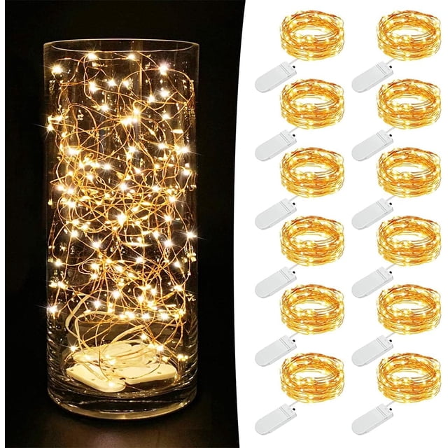Guirnalda de Luces con Pilas, 2M 20 LED Series de Luces de Alambre de Cobre, IP65 Impermeable, Fairy Lights para Interiores, Exteriores, Navidad, Fiestas (12 PCS, Blanco Cálido)