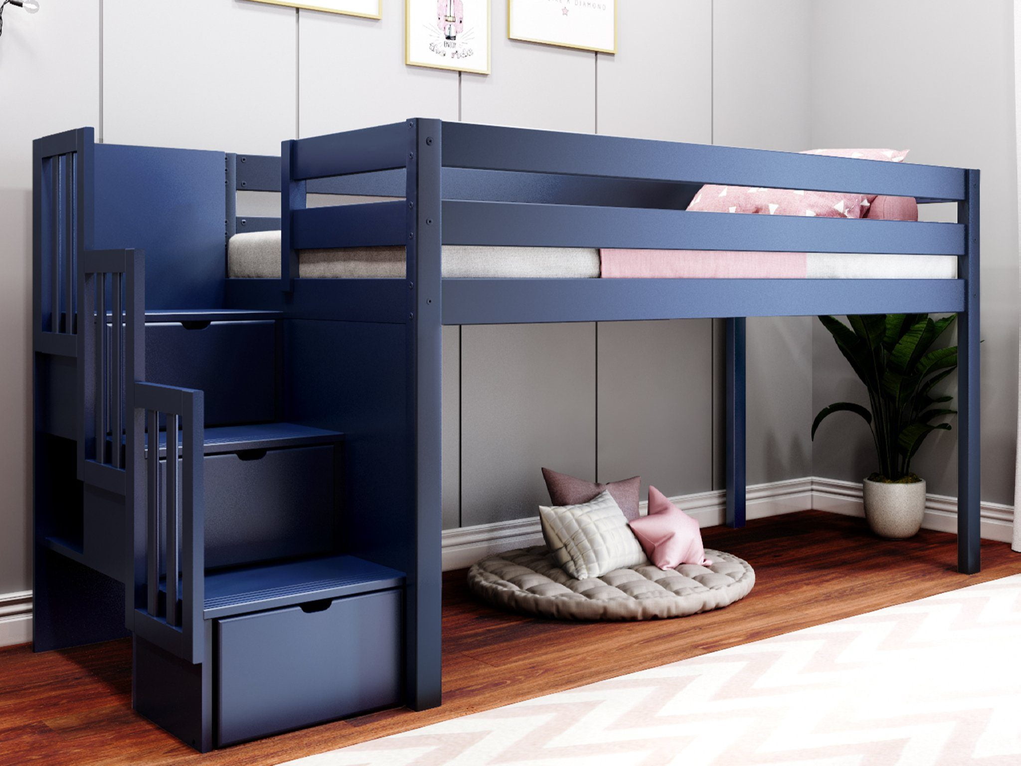 JACKPOT! Contemporary Low Loft Twin Bed with Stairway, Loft Bed, Blue