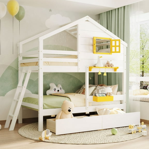 [Luckynote]Twin over Twin Bunk Bed with 2 Drawers, 1 Storage Box, 1 Shelf, Window and Roof-White