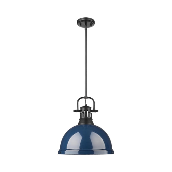 Yep by Golden Lighting Duncan 1-light 14in Rod Hung Pendant in Matte Black and Navy Blue shade