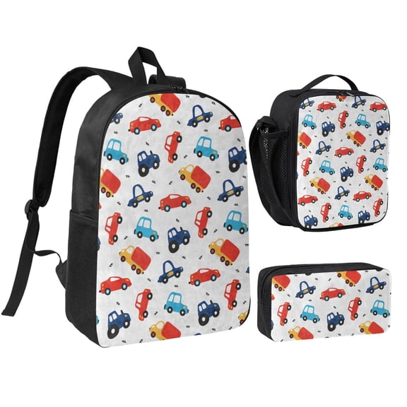 Car Pattern Backpack Set 3pc ,Backpack with Lunch Bag and Bag 17 Inch