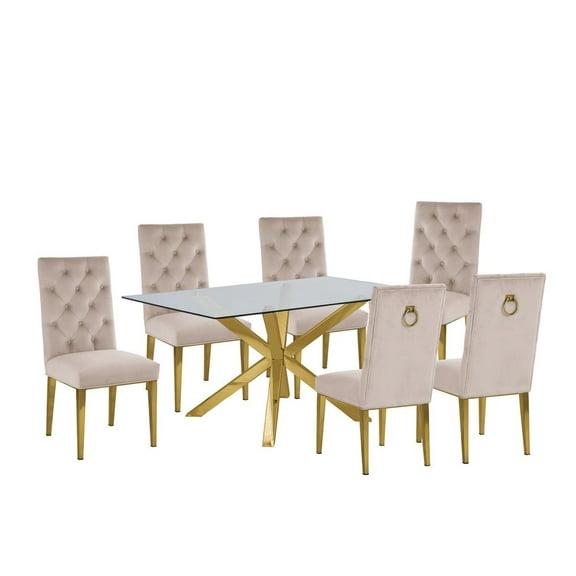 63"x 39" Rectangular Clear Glass 7pc Dining Set with Gold Stainless Steel