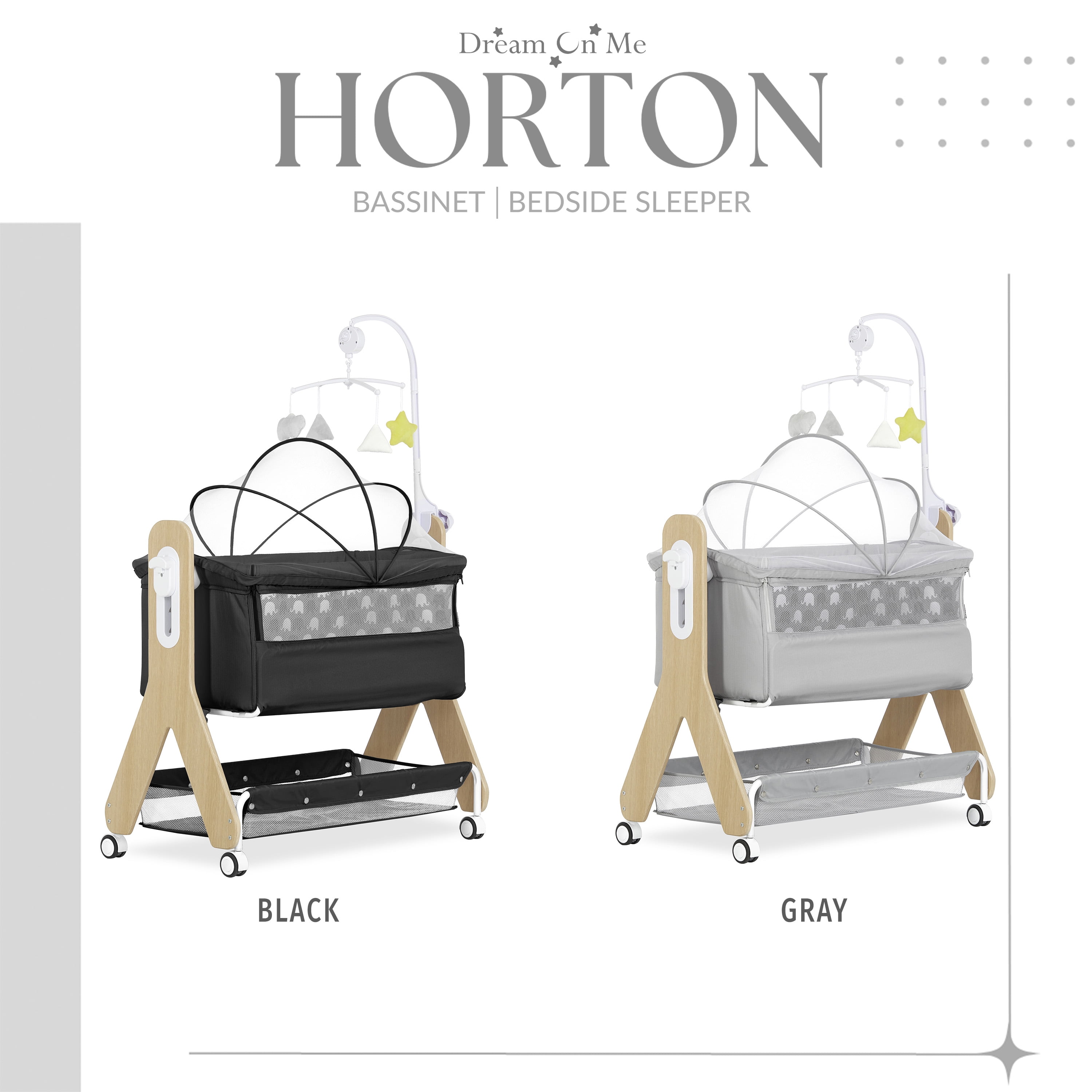 Dream On Me Horton Bassinet and Bedside Sleeper for Newborn In Gray, Large Storage Area