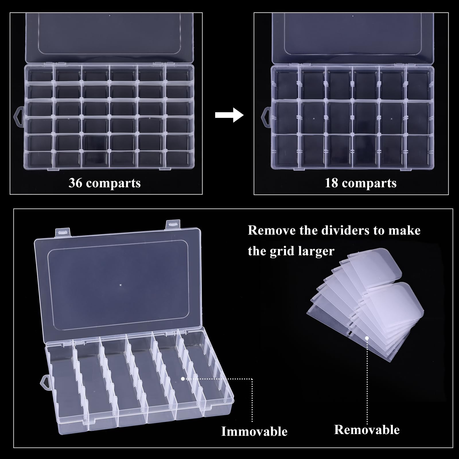 8 Pack 36 Grids Clear Plastic Storage Boxes With Adjustable Dividers  Beads Containers And Diy Crafts Organization Screw & Hardware Sorting 10 Label Stickers