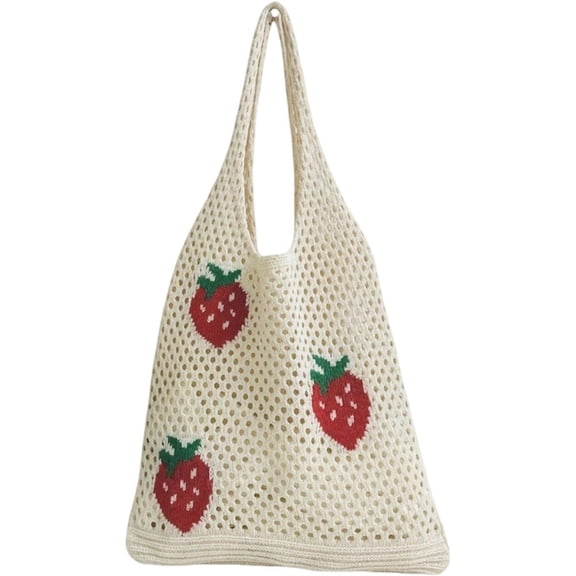 vlrwzc Strawberry Pattern Crochet Tote Bag Large Capacity Shoulder Bag Casual Handbag Cute Mesh Beach Bag Boho Knitting Bag