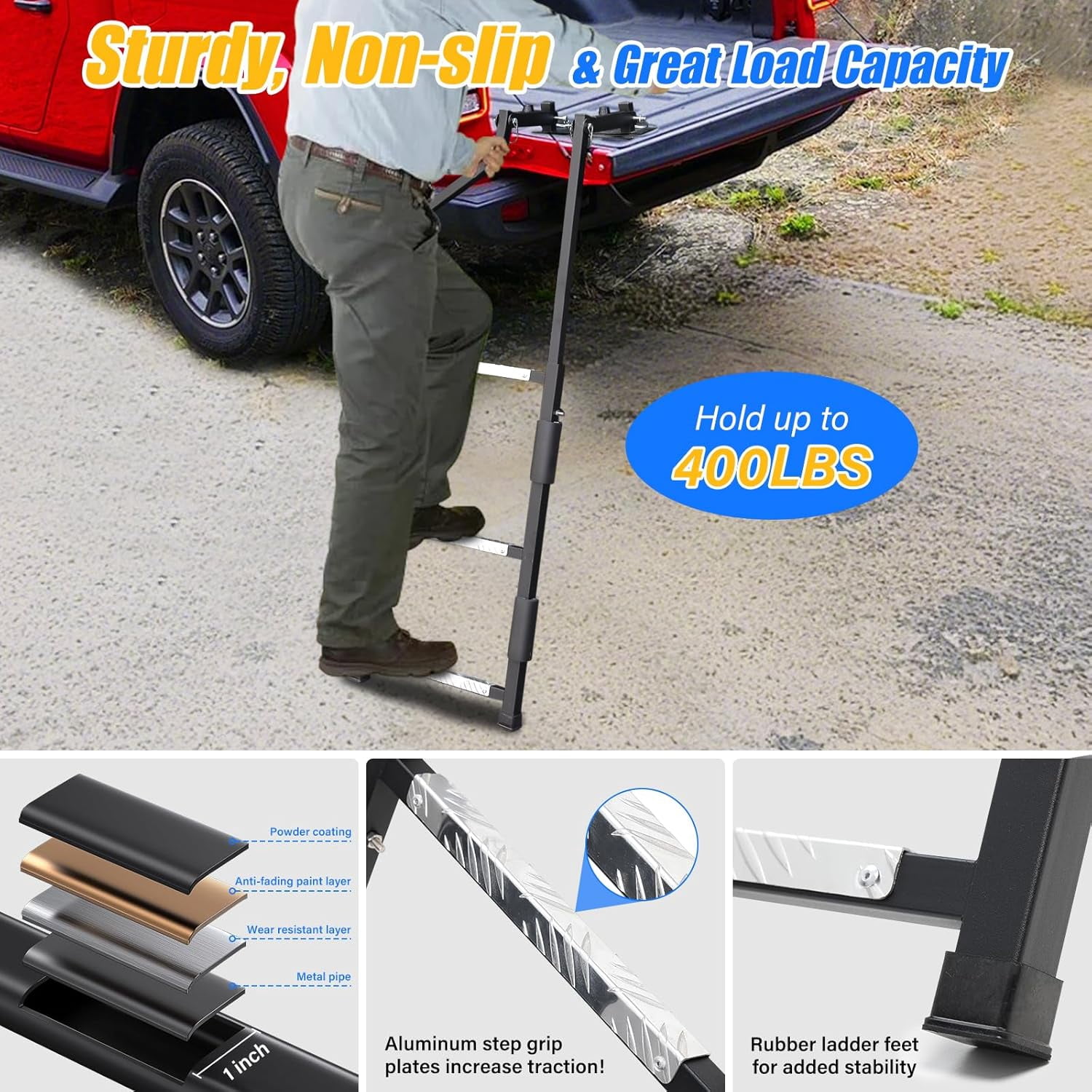 LCOKEIY Truck Tailgate Ladder, Pickup Tailgate Rack with Aluminum Step Grip Plates, Steel, Capacity 300 lbs, Black
