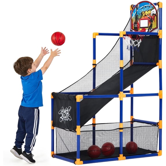 Basketball Arcade Game Set with 4 Balls – Indoor & Outdoor Basketball Hoop and Dart Game, Height Adjustable Sports Toy with Ball Return Ramp for Boys & Girls Ages 3 