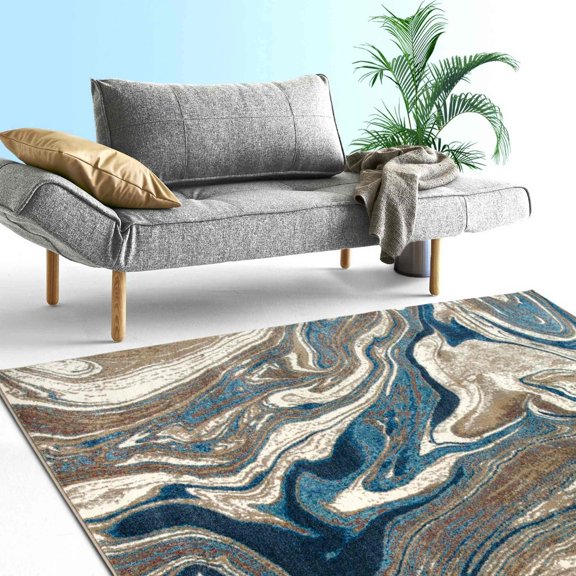 HR Marble Rugs Blue Gray Multi Color Abstract Livingroom & Dining Room Chick Area Rug Non-Shedding Carpet, 5' x 7'