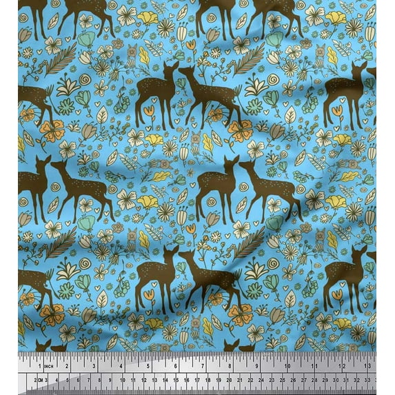 Soimoi Viscose Chiffon Fabric Leaves,Floral & Deer Animal Print Fabric by Yard 42 Inch Wide