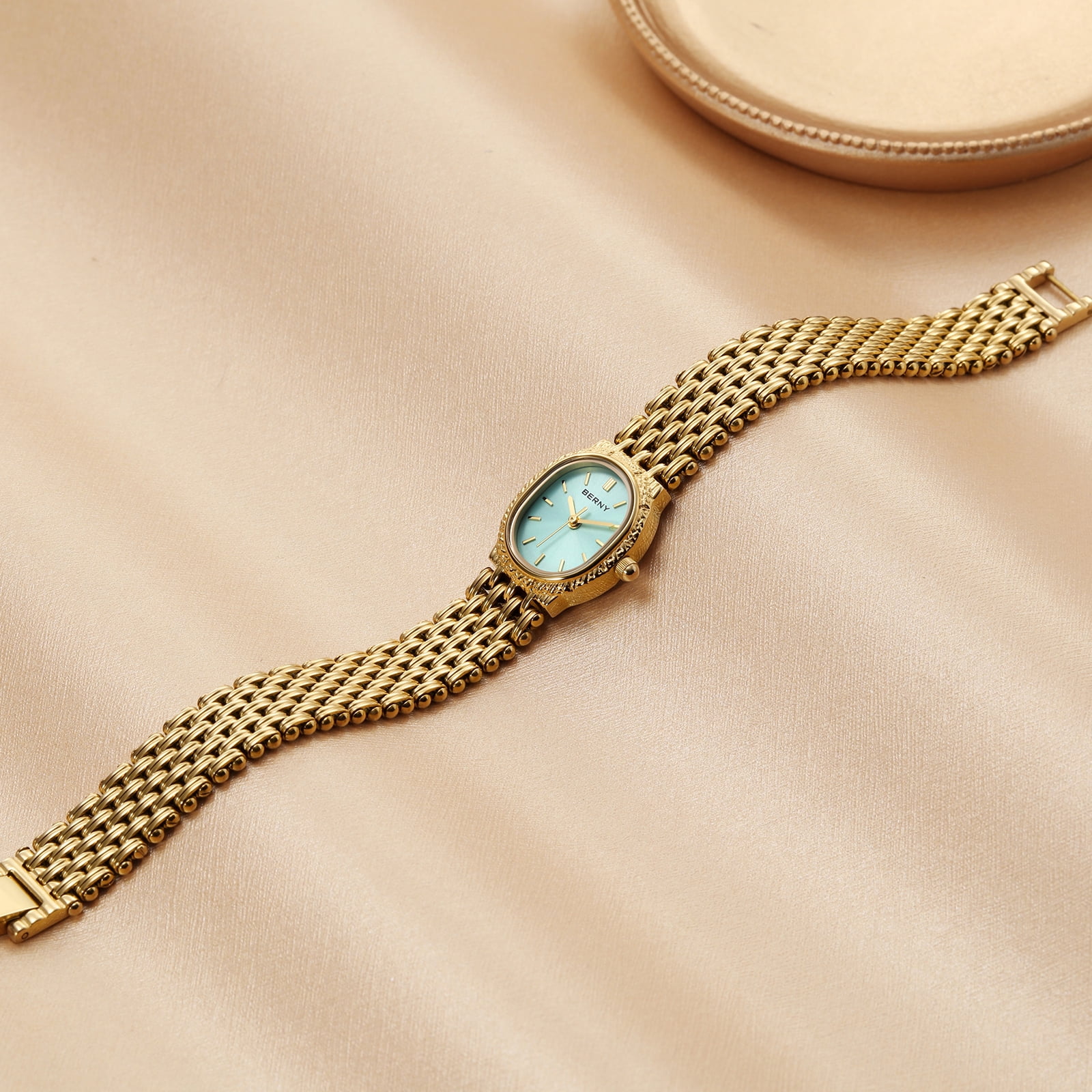 BERNY Small Gold Watches for Women, Dainty Vintage Oval Dial Stainless Steel Bracelet Watch, Adjustment Tool Included, Waterproof, Minimalist Luxury Ladies Analog Quartz Wrist Watch (Glacier Blue)