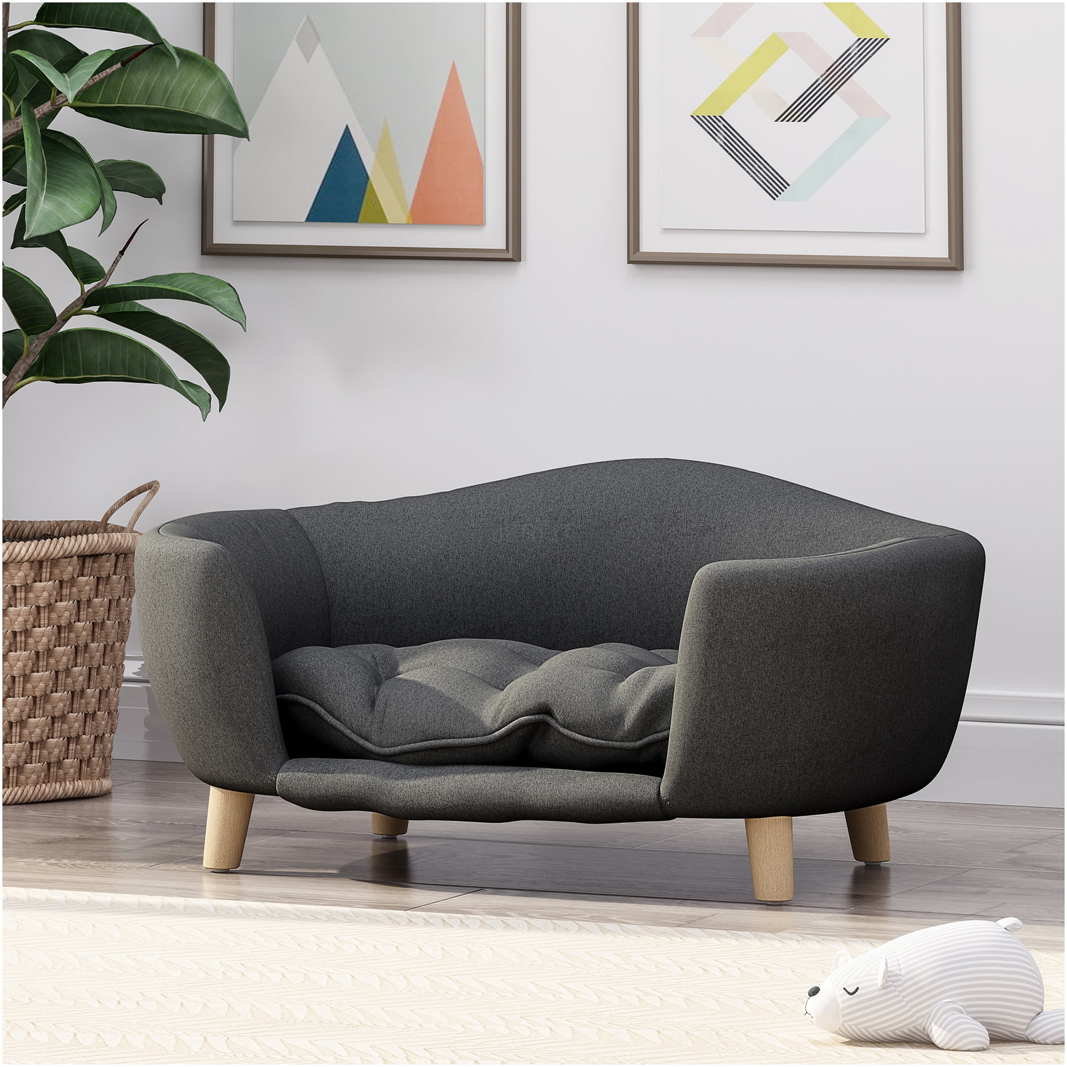 JERFIT Mid-Century Modern Dog Bed with Wood Legs, Plush Small Pet Bed for Small Dogs up to 25 lbs, Waterproof & Orthopedic Support, Washable Cover, Dark Gray