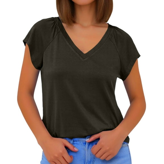 MIXUE Womens Summer Tops Solid Color V Neck Short Sleeve Basic Plus Size Loose Fit Casual Tee Shirts Outwear,Black,M