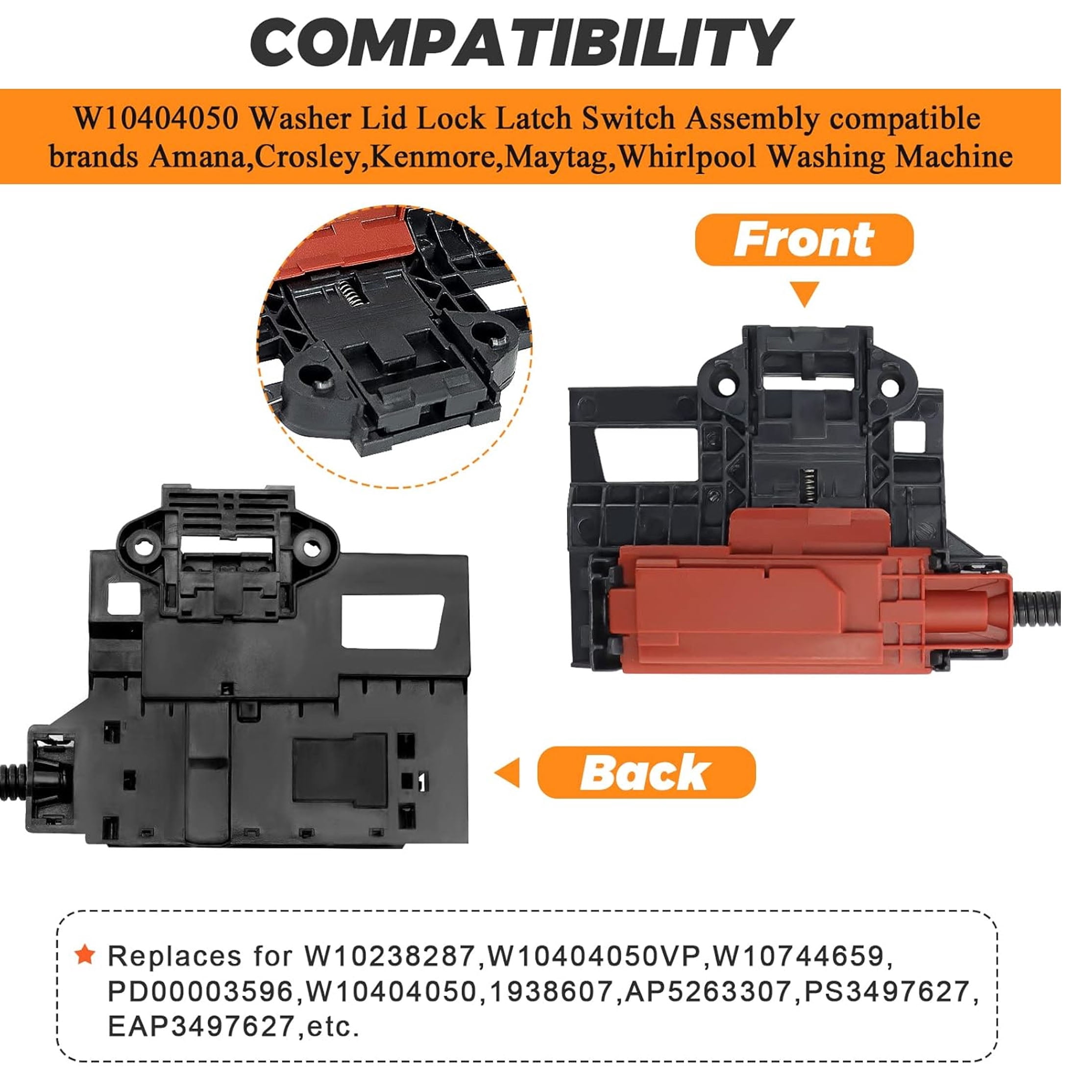 Washer Lid Lock Latch Switch Assembly & Lid Strike W10404050 W10238287 W10240513 Fit for Whirlpool Kenmore Cabrio Maytag Amana Washing Machine Replace AP5263307 W10744659 PS349762