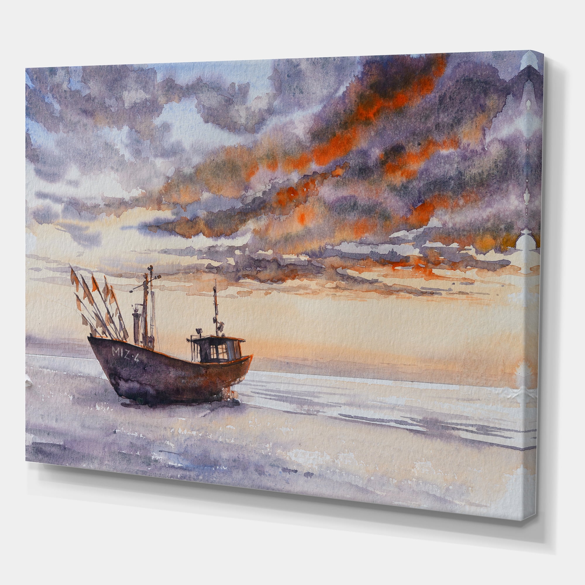 Designart ' Wooden Fishing Boat On The Baltic Shore With Evening Clouds ' Nautical & Coastal Canvas Wall Art Print