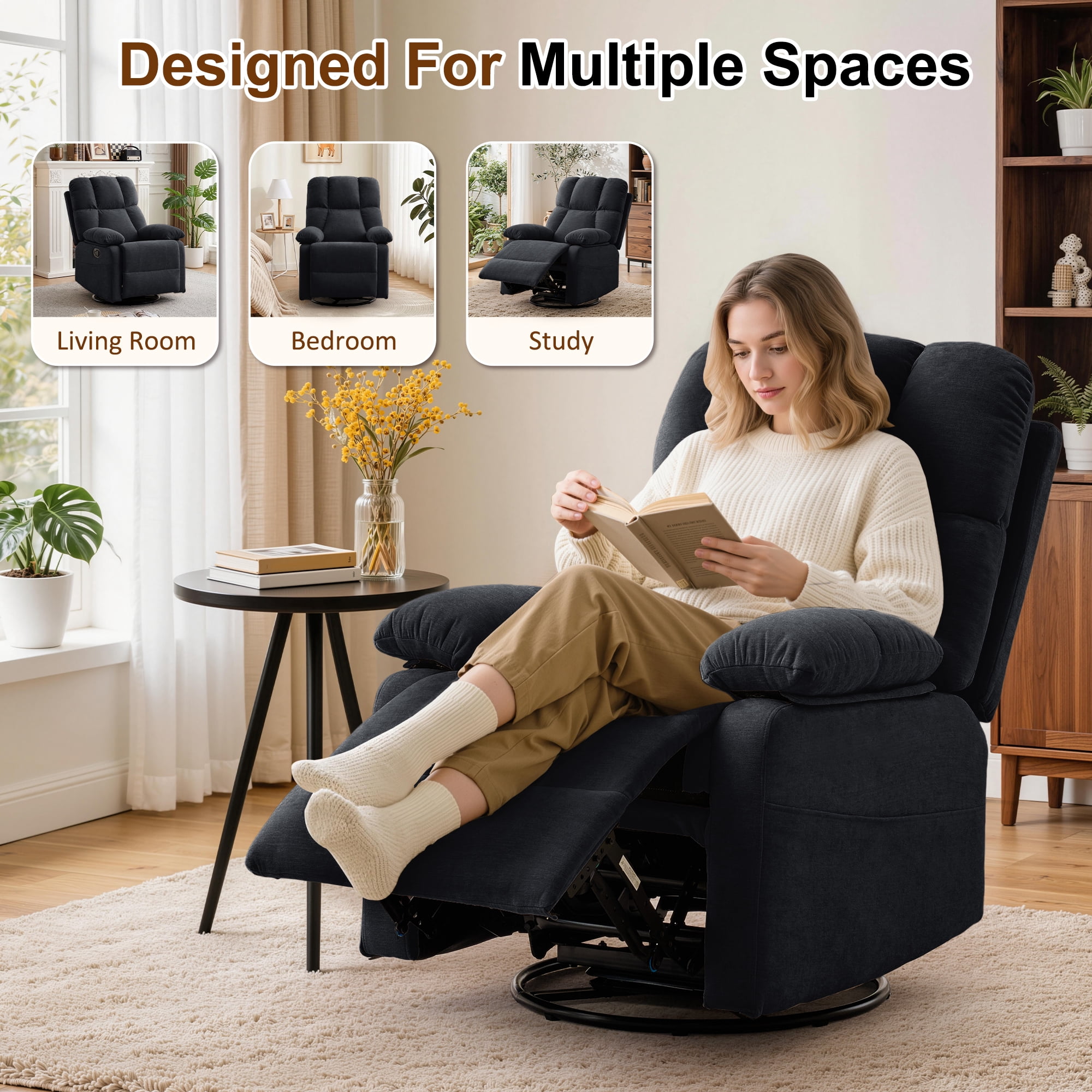 GEEYOO Swivel Rocker Recliner Chair for Adults,360°Swivel Nursery Recliner with Side Pockets,Small Recliner Chair for Small Spaces for Living Room,Linen,Black