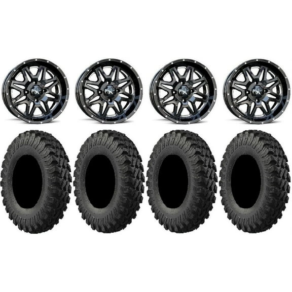 MSA Black Vibe 14" UTV Wheels 30" MotoRally Tires Can-Am Maverick X3 / Honda Pioneer 1000 / Talon