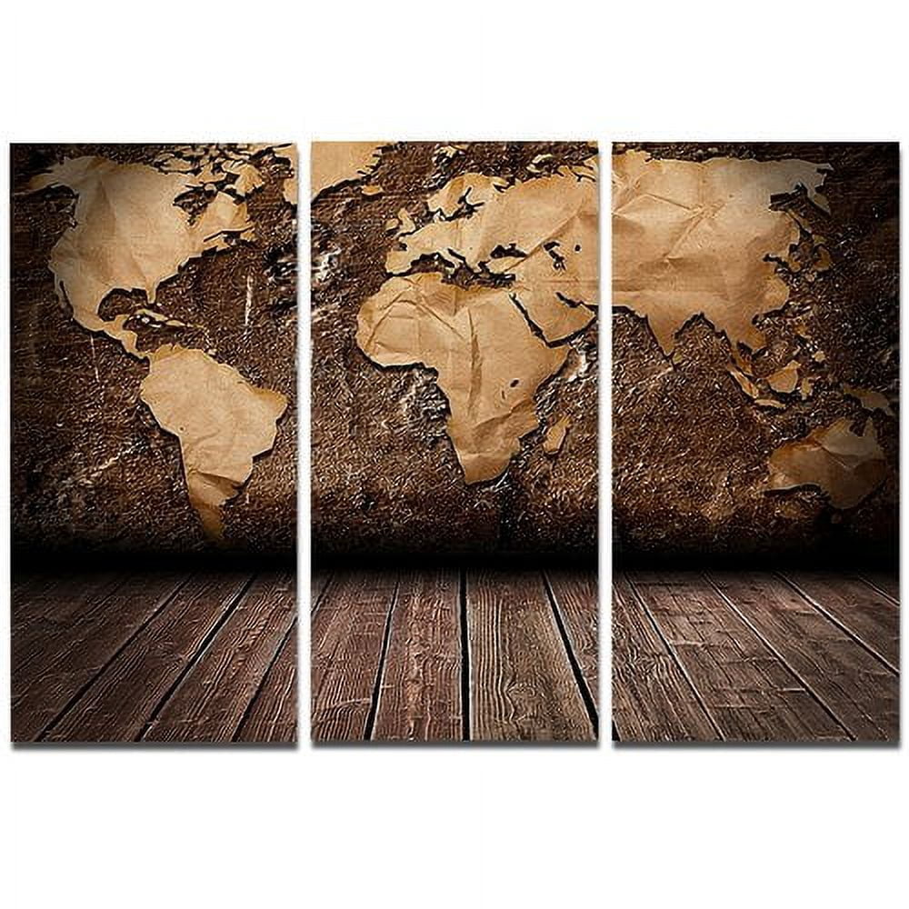 Vintage Map with Wooden Floor 40.00" x 30.00" Painting Art Prints, by Designart