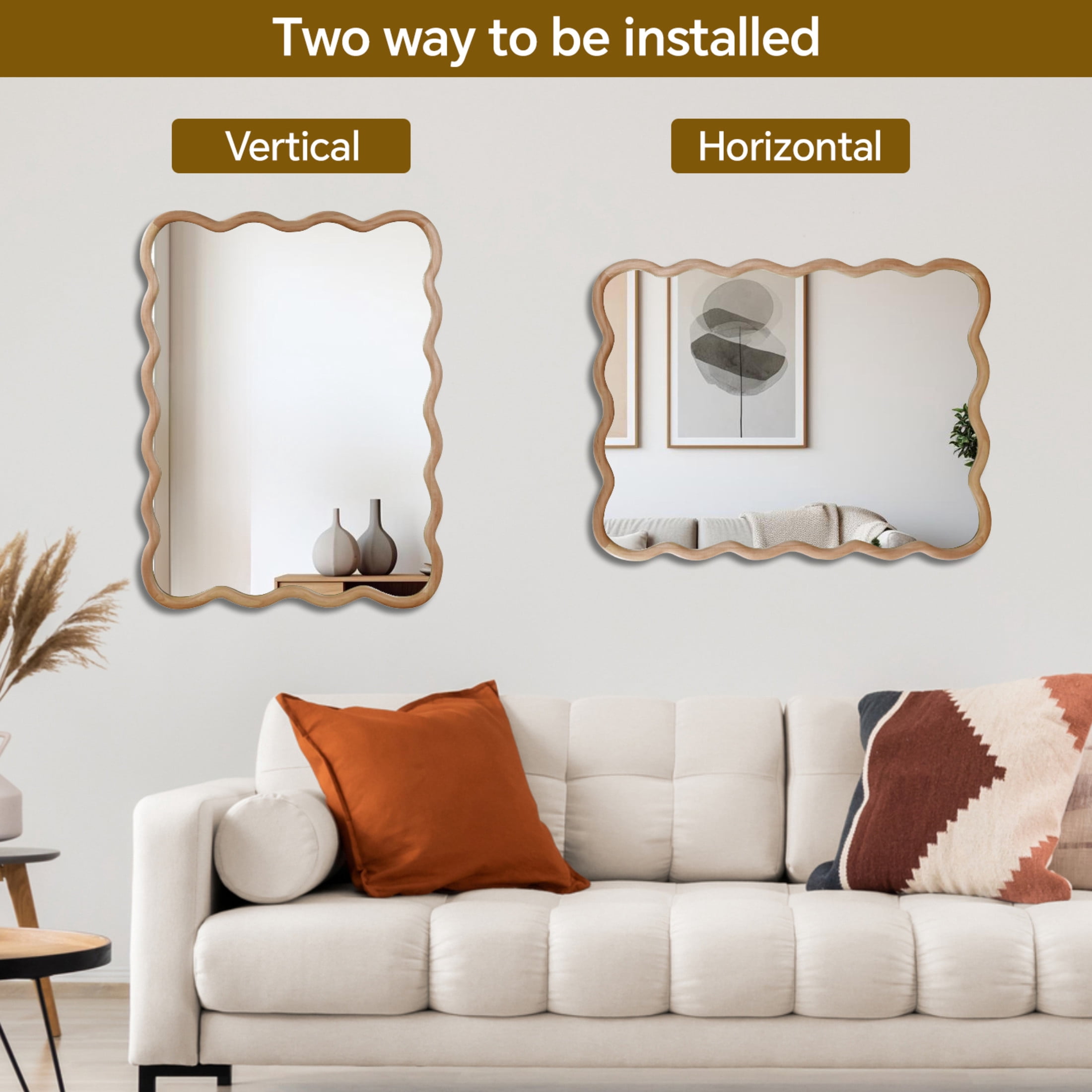 Noble House 30x40 Inch Wavy Rectangle Wall Mirror, Solid Wood Decorative Vanity Mirror, Natural