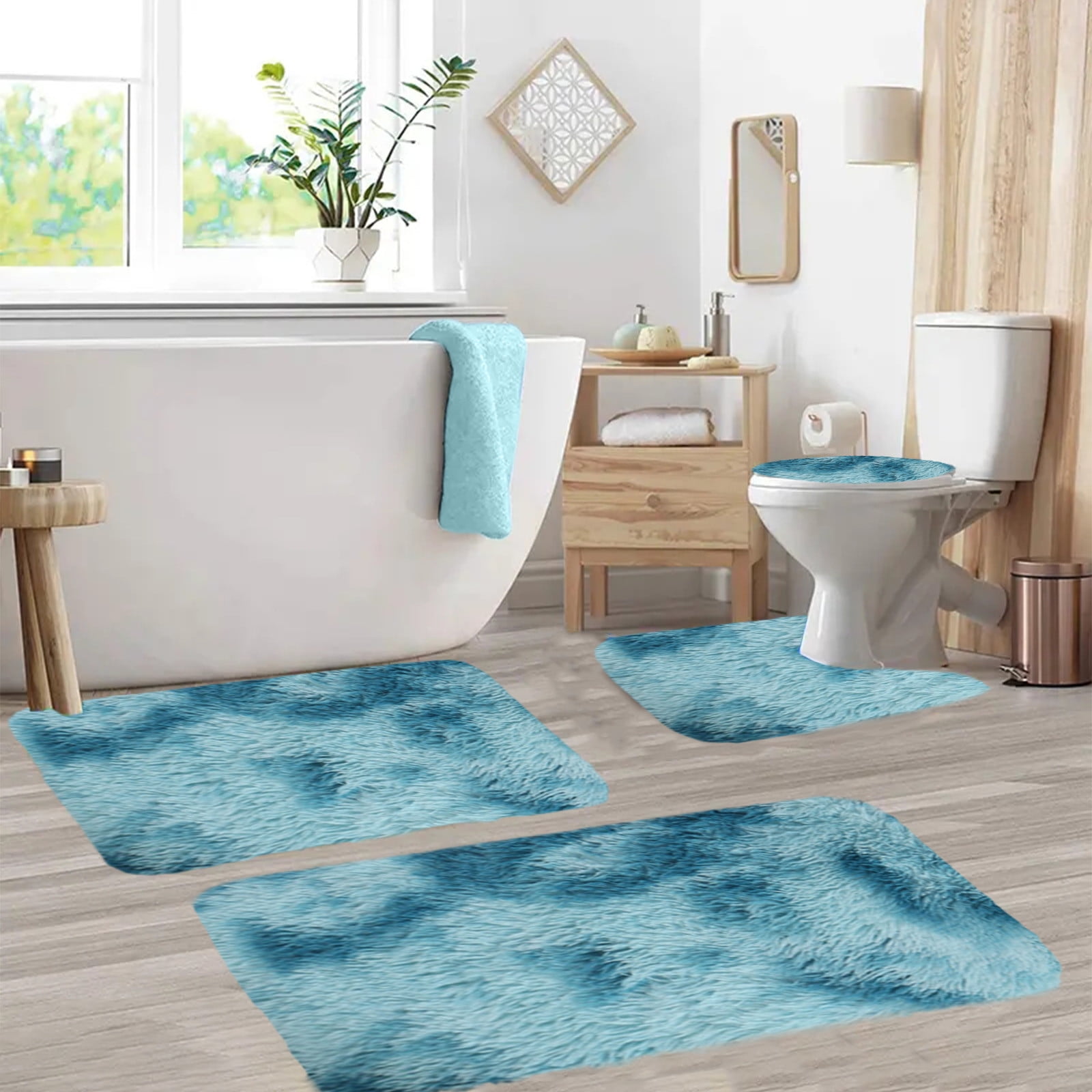 Qocolhg Mixed Colors Shaggy Bath Mats of 4 Piece U-Shaped Contour Toilet Rug, Soft Comfortable Water Absorption Non-Slip Bath Mat, Shower Mat for Floor, Room Door Mat, Machine Washable, Blue
