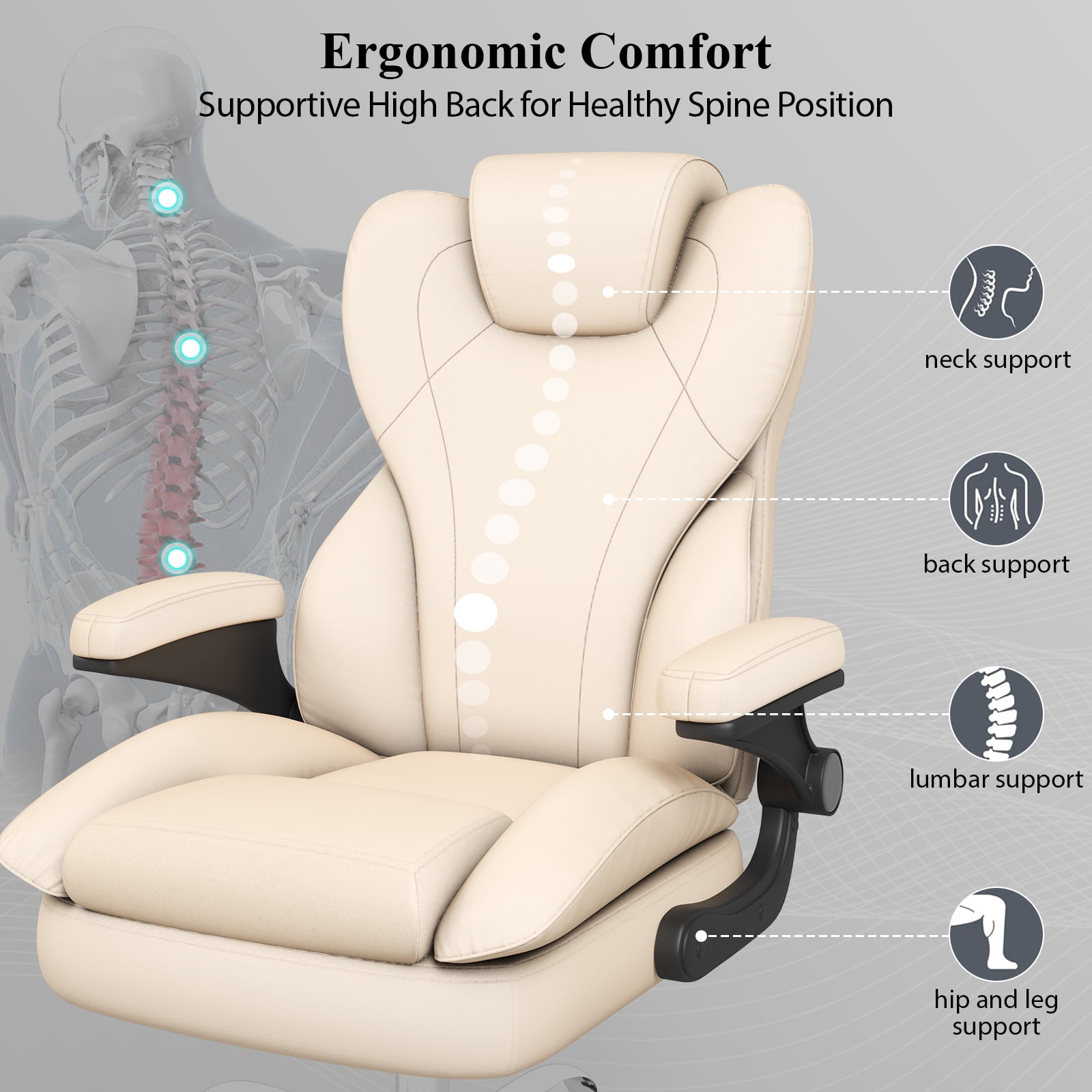 E-motie Home Office Chair with Flip-up Arms, Adjustable High Back Chair, Quiet Nylon Wheels, Beige
