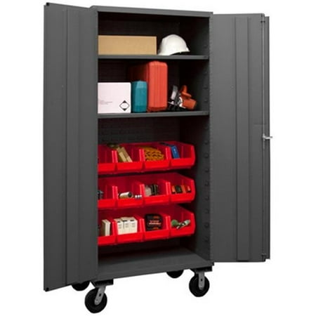 

Durham 3501M-BLP-12-2S-1795 14 Gauge Flush Door Style Lockable Mobile Cabinet with 12 Red Hook on Bins & 2 Adjustable Shelves Gray - 36 in.