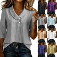 thumbnail image 2 of Womens Linen Shirts Summer 3/4 Sleeve Tops Dressy Casual Buttons V Neck Blouse Loose Fit Lightweight Tunic Tops,Gray,M, 2 of 8