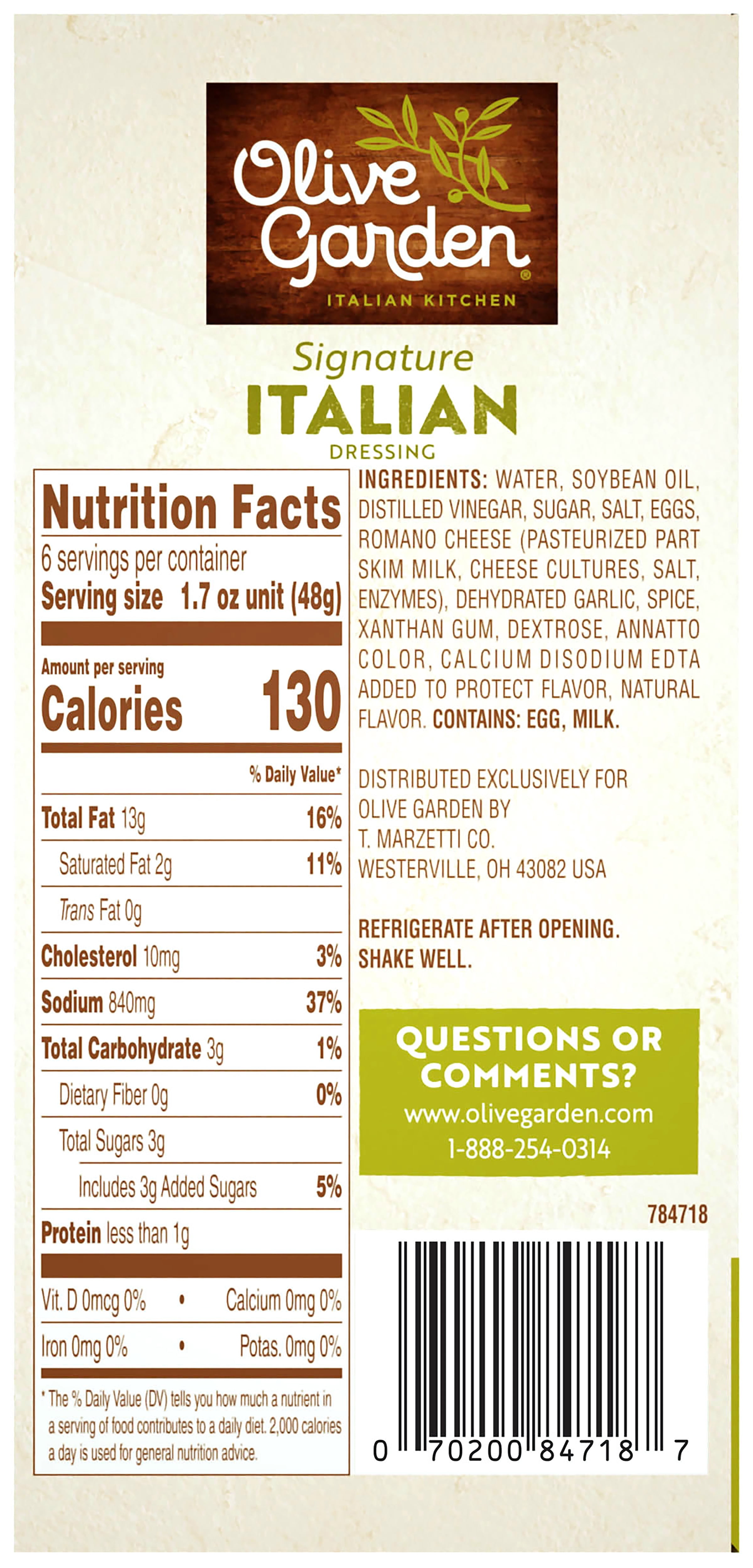 Olive Garden Signature Italian Dressing Single Serve 6 pack - 1.7 oz each
