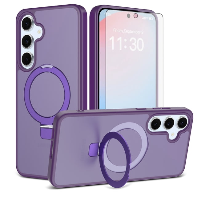 Asuwish Phone Case for Samsung Galaxy S24 FE 5G Tempered Glass Screen Protector Magnetic Folding Stand Frosted Translucent Rugged Shockproof Protective Cell Cover S 24 EF S24FE Women Men Deep Purple