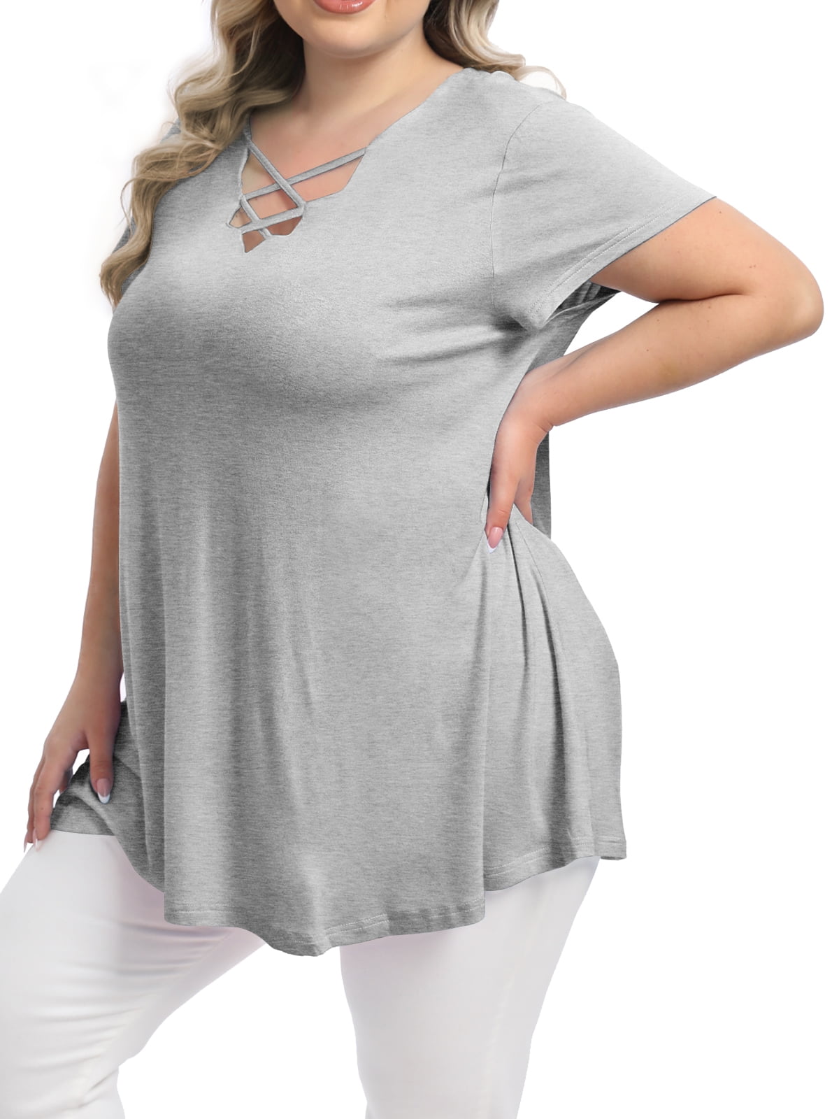 Womens Plus Size Tops Criss Cross V Neck Short Sleeve Summer Casual  Blouses, White-2X