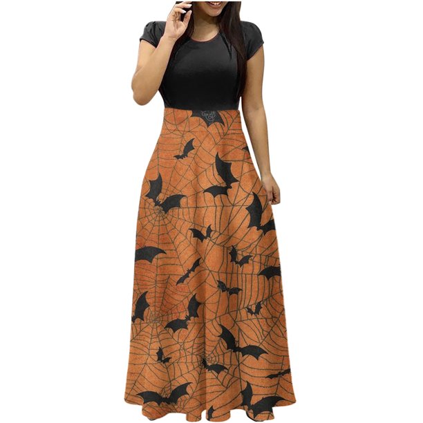 Vestido largo colorido con estampado de Halloween para mujer, vestidos estampados de manga corta, vestido playero informal Maxi Pompotops ghjkhdj13775