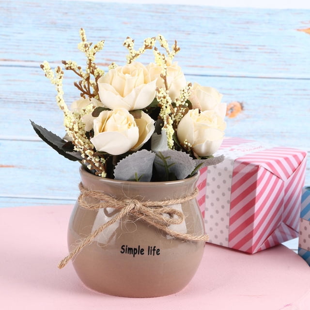 Artificial Flowers in Vase, Ceramic Vase Artificial Silk Rose Flower Potted Home Desktop Decoration Ornament for Dinning Roon Table Kitchen Decoration White