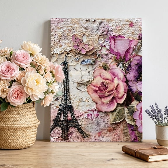 Pink Purple Floral Canvas Wall Art for Living Room, Vintage Paris Eiffel Tower Sheet Music Texture Wall Decor Framed Artwork Pictures Ready to Hang for Bedroom Office Home Decor 11x14 Inch