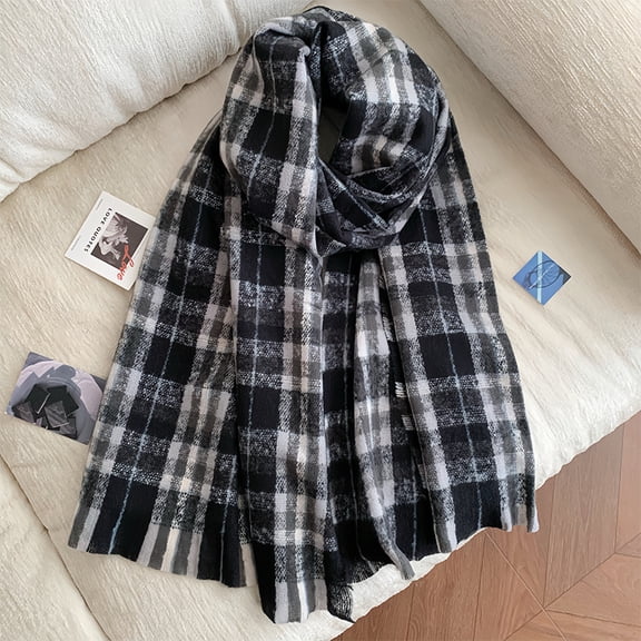 Knit Plaid Scarf for Women, Oversized Soft Fringe Winter Scarf Shawl, 160x60cm,160*60cm,1