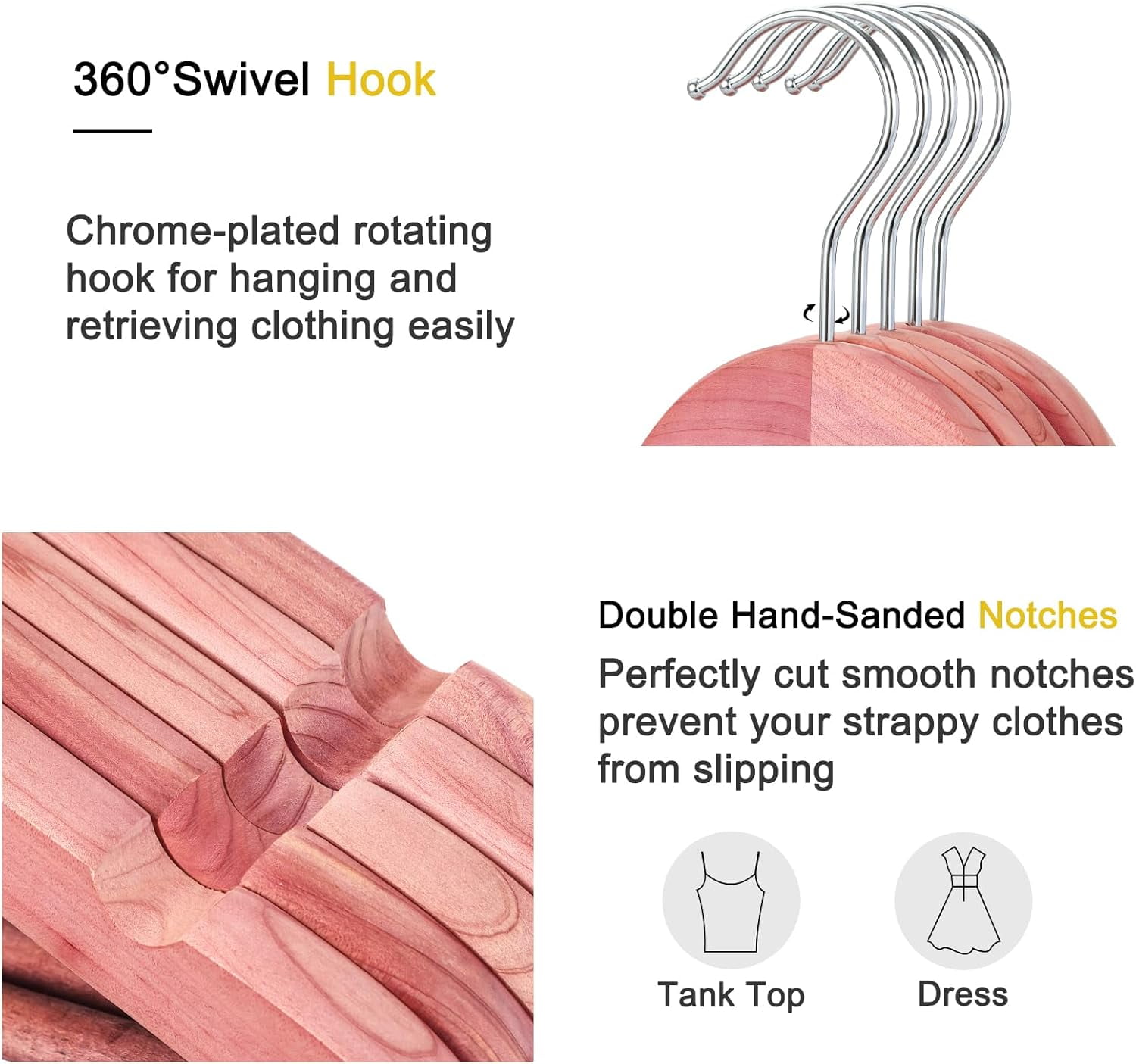 American Red Cedar Wooden Hangers, Clothes Hangers for Closet, Wood Coat Hanger with Smooth Cut Notches, 360°Flexible Hook, Non-Slip Pants Bar,10 Pack-CT07C