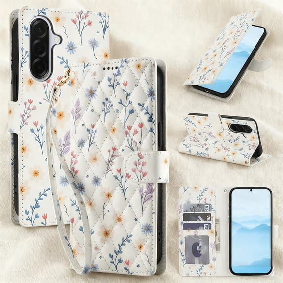 Wallet Case for Samsung Galaxy A26 5G with Credit Card Holder, Wrist Strap, Cute Flower Pattern PU Leather Stand Flip Case, Magnetic Clasp Shockproof Cover for for Samsung Galaxy A26 5G, Pattern-E
