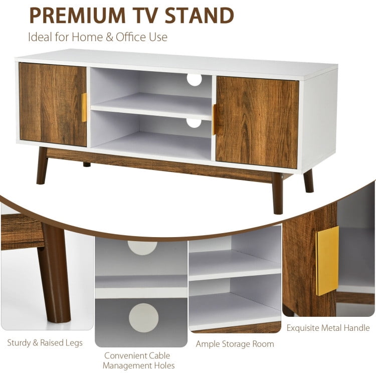Finihen TV Stand, TV Cabinet, 2 Door TV Stand with 2 Cabinets and Open Shelves for TVs Up to 50 Inch TV, Media Entertainment Center with Storage, for Living Room, Bedroom, White & Rustic Oak