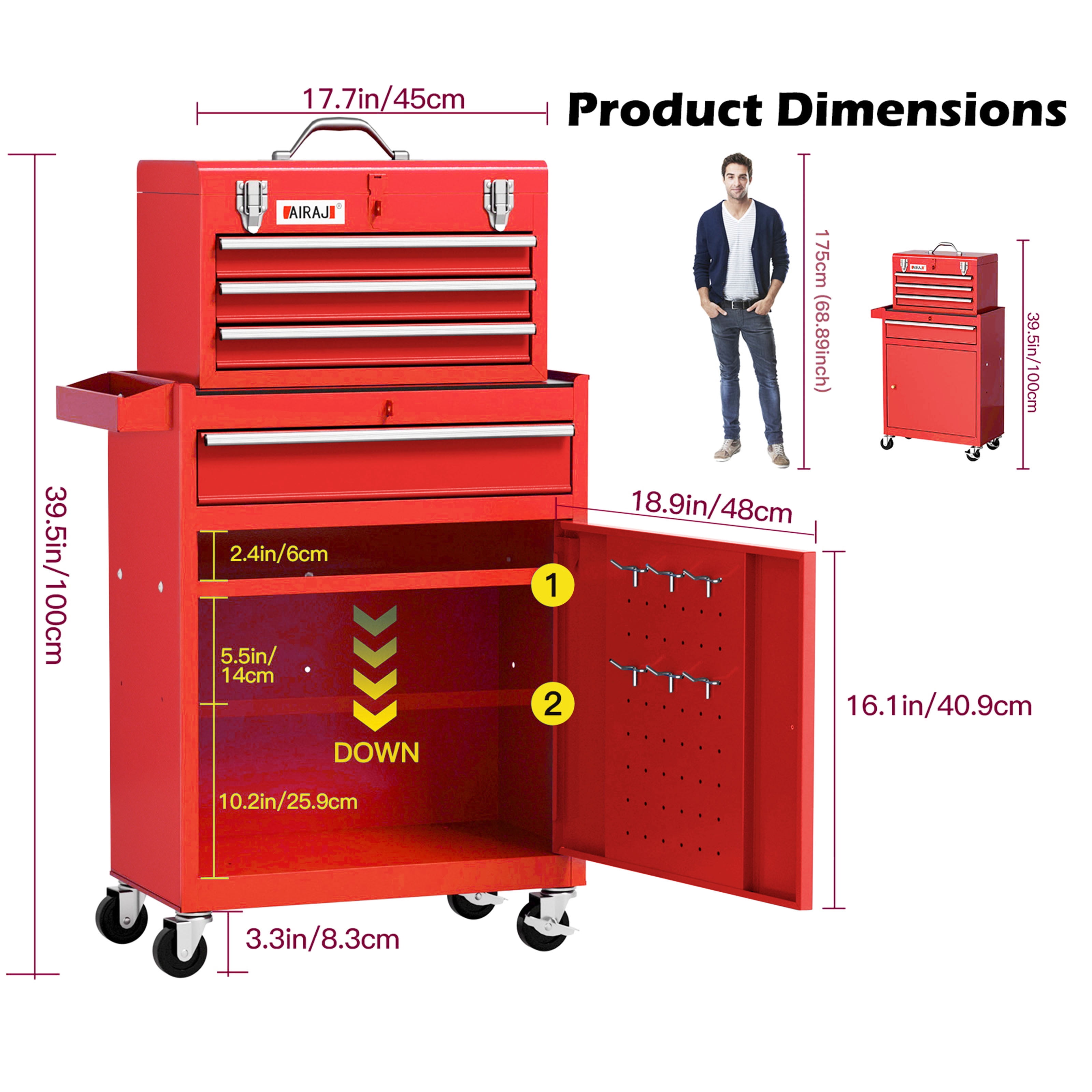 Tool Chest with Detachable Top Tool Box,Rolling Tool Chest with Drawer,Single Door Metal Garage Storage Tool Cabinet with Lockable Wheels