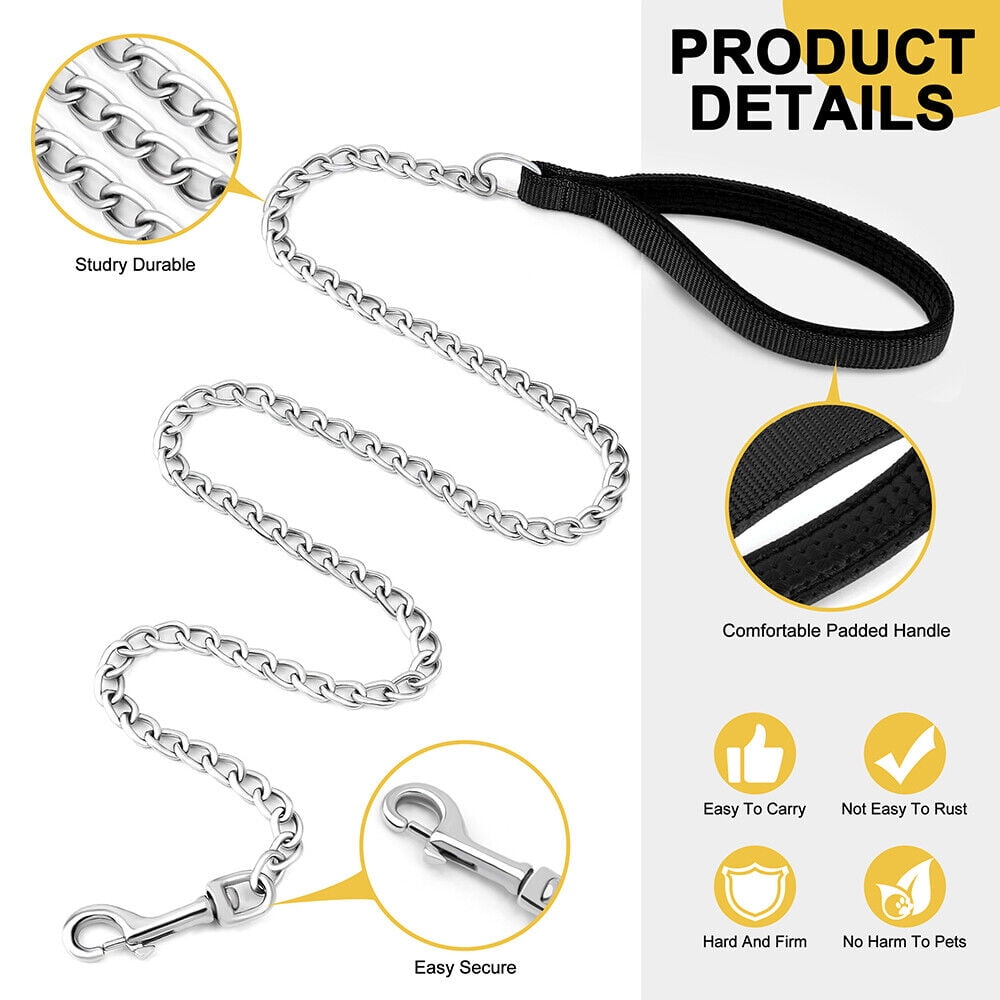Pet Artist Bite Proof Heavy Duty Metal Chain Dog Leash with Comfortable Padded Handle Training Collar Leashes