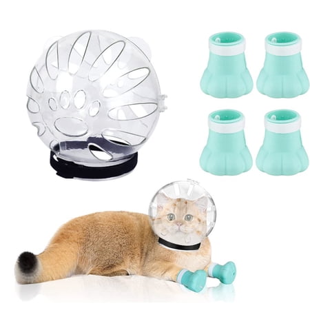 Cat Muzzle and Boots, Cat Breathable Bubble Helmet Hood and 4-Pack Silicone Cat Claw Covers for Bathing Grooming Bathing Nail Trimming to Prevent Bites, Medium