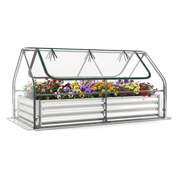 Raised Garden Bed with Cover, Galvanized Planter Boxes Outdoor w/Mini Greenhouse, 2 Roll-up Windows & Open-Ended Base, Metal Growing Raised Bed for Vegetables (Silver, 72” x 36” x 37”)