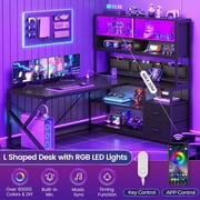 SEDETA L Shaped Gaming Desk, Home Office Computer Desk with 2 Drawer and Bookshelf, L Shaped Gaming Desk with LED Light, Glass Cabinet and Storage Bag, Corner Desk with Storage Shelves, Black