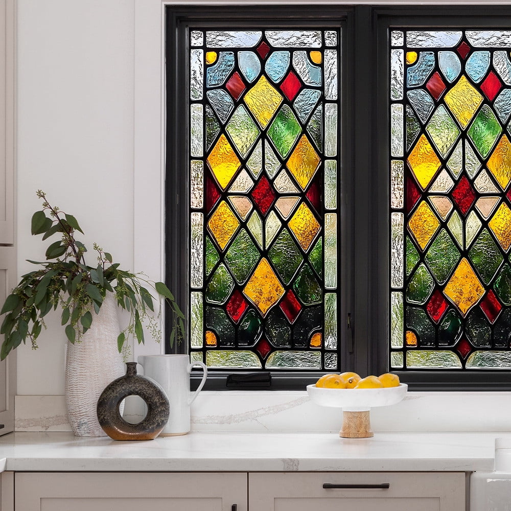Todaioua Privacy Windows Film European Church Style Stained Glass No Glue Static Cling Decorative Frosted Window Stickers for Home/Office, 11''x34''(38x85cm)