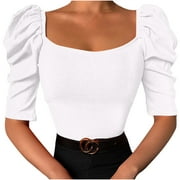 CYMMPU Women Puff Half Sleeve Square Neck Crop Top Summer Slim Fit Blouses T Shirt Casual Ribbed Shirt Basic Knit Tees Black
