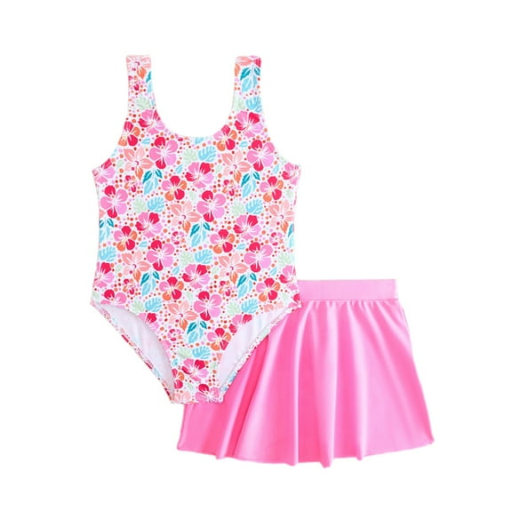 BULLPIANO Girls Swimsuit Adjustable Straps One Piece Bathing Suit with Solid Color Cover Up Skirt Girls' Swimwear 7-12 Years