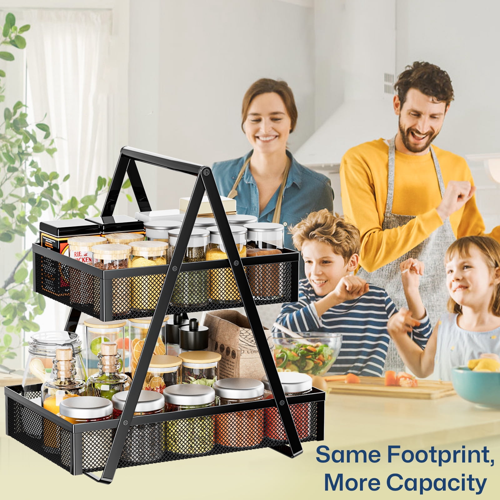 2 Tier Fruit Basket Kitchen Organizer Black Metal Handle for Fruits Vegetables Countertop Pantry Dining & Picnic